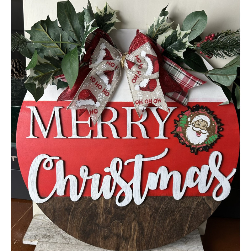 "Merry Christmas" with Santa Face - Round Wood Sign