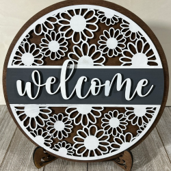 "Welcome" Daisies 12 Inch Wood Sign (Stand Included)
