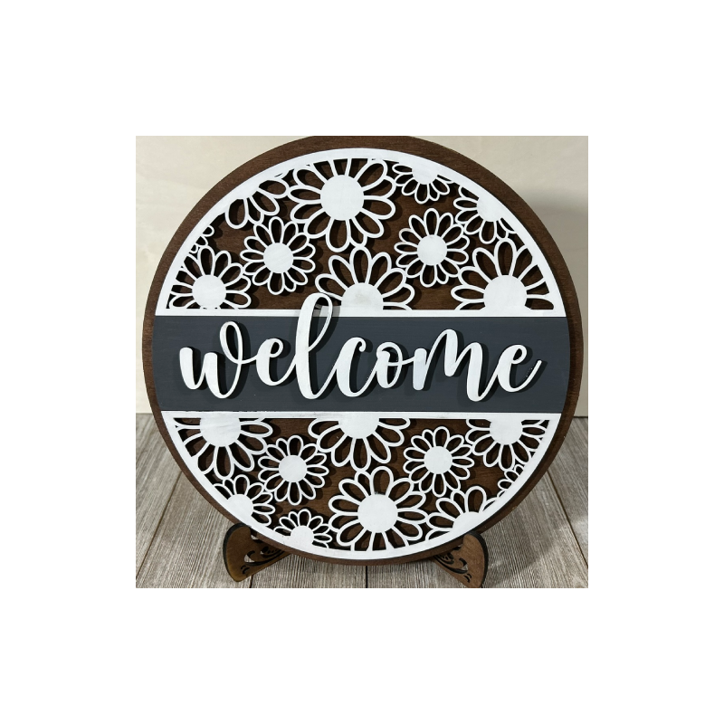 "Welcome" Daisies 12 Inch Wood Sign (Stand Included)