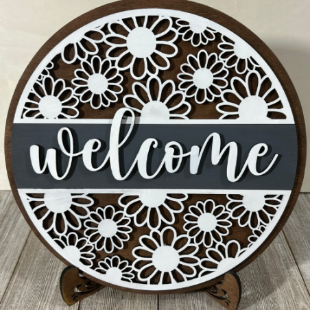 "Welcome" Daisies 12 Inch Wood Sign (Stand Included)